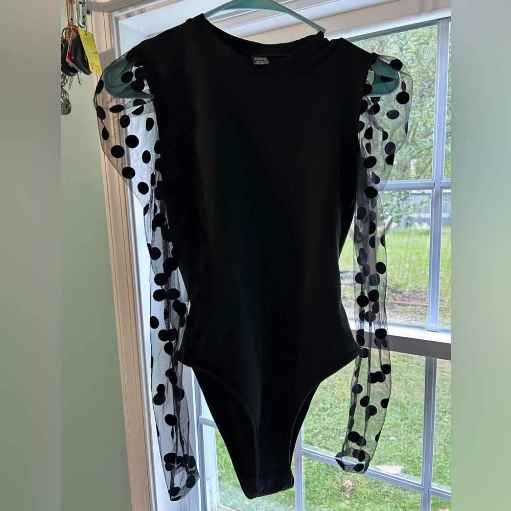 SHEIN Black Bodysuit with Polka Dot Mesh Sleeves